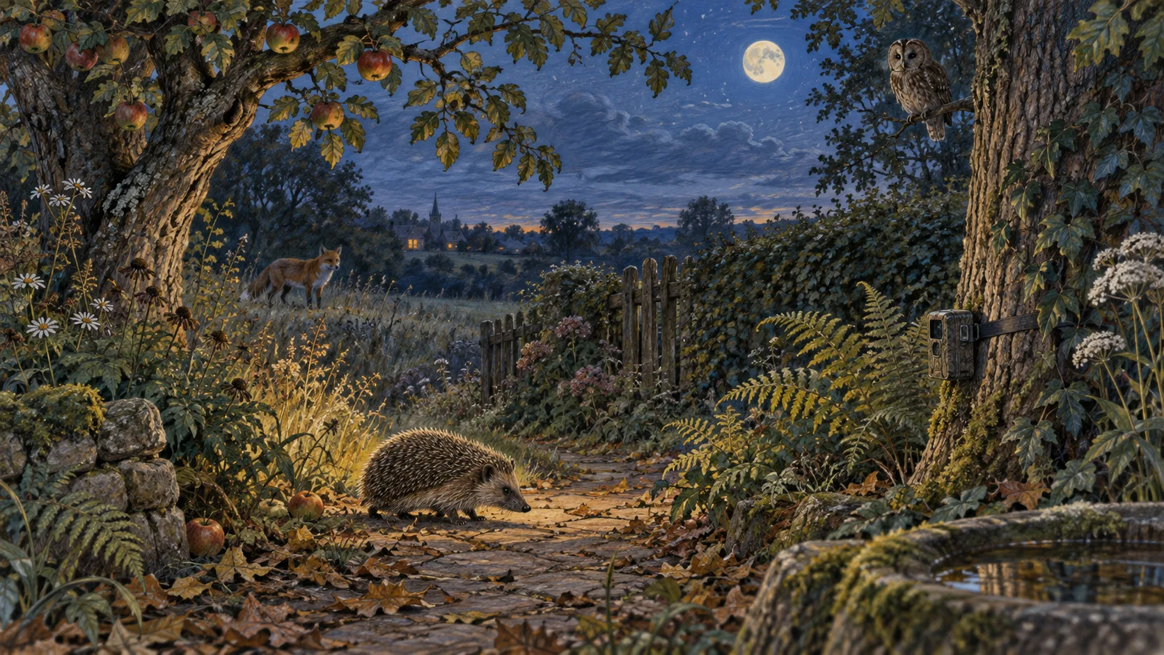 Handgezeichnete Nachtszene mit Gartenpfad, Igel, Fuchs und einer Wildkamera am Baum.