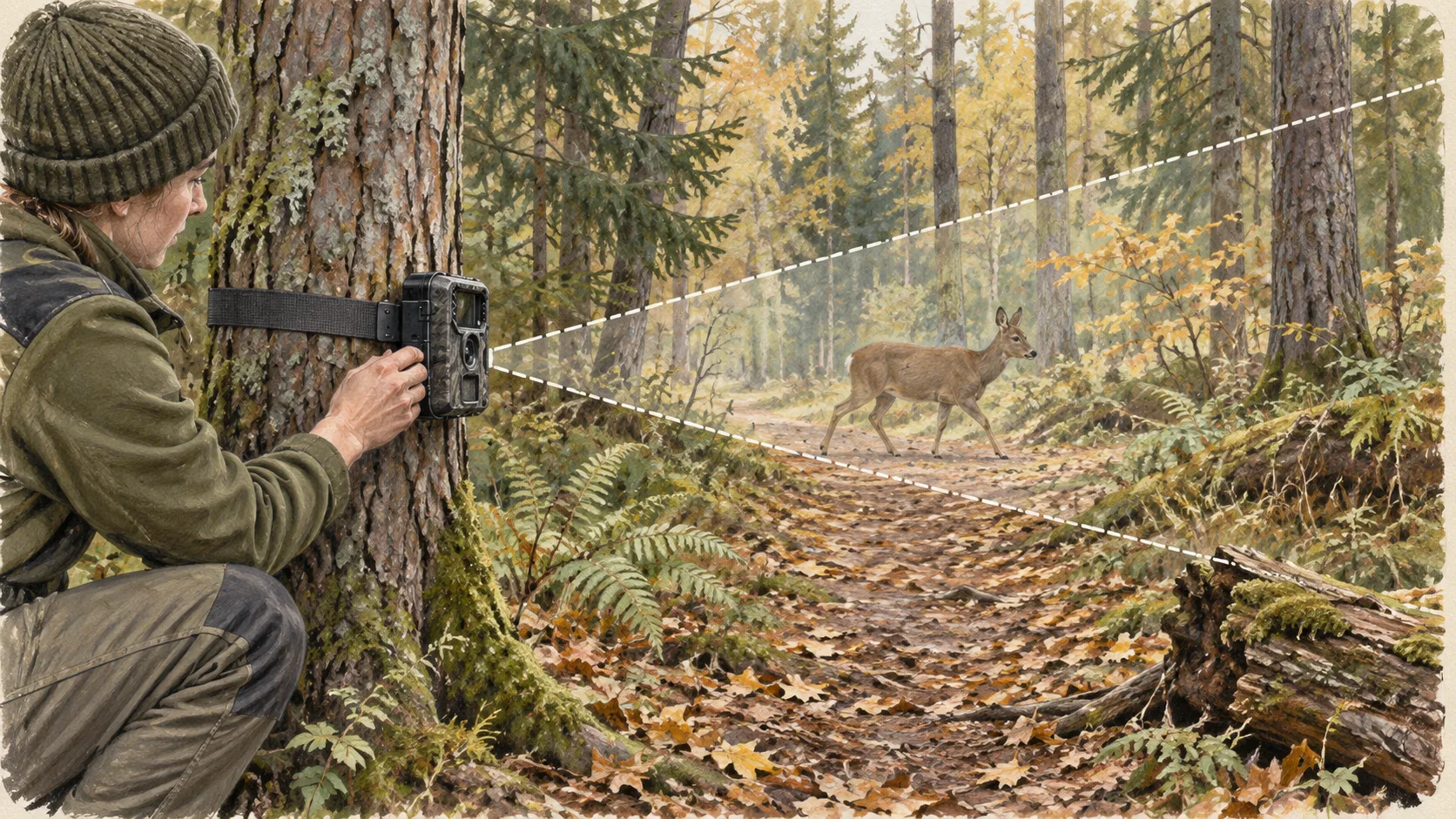 Seitlich montierte Wildkamera blickt quer über einen Tierweg.