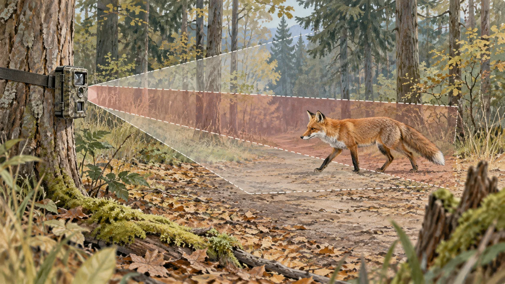 Gezeichnetes Erfassungsfeld einer Wildkamera über einem Querweg.
