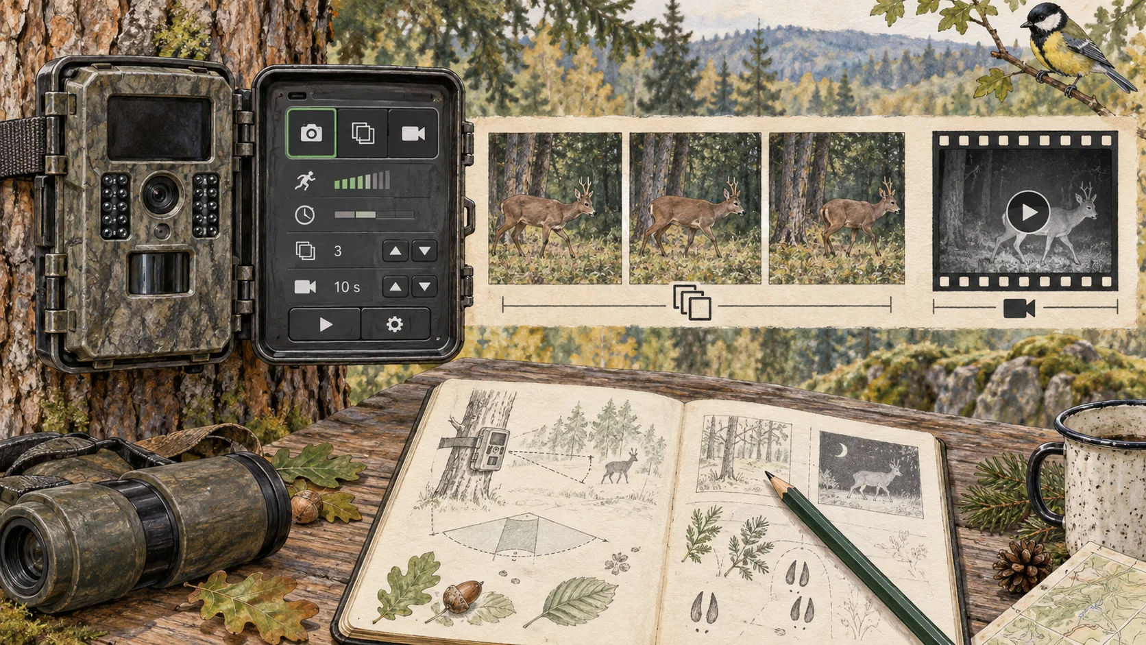 Wildkamera mit Foto-, Serienbild- und Videoeinstellungen im Feldbuch.