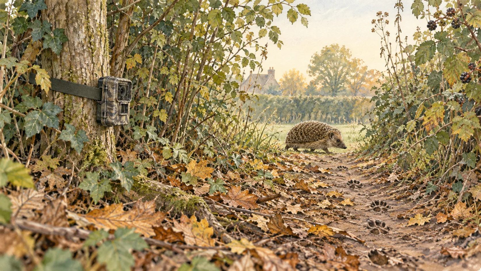 Gezeichnete Feldjournal-Illustration zum Artikel tiere-im-garten – wildkamera.