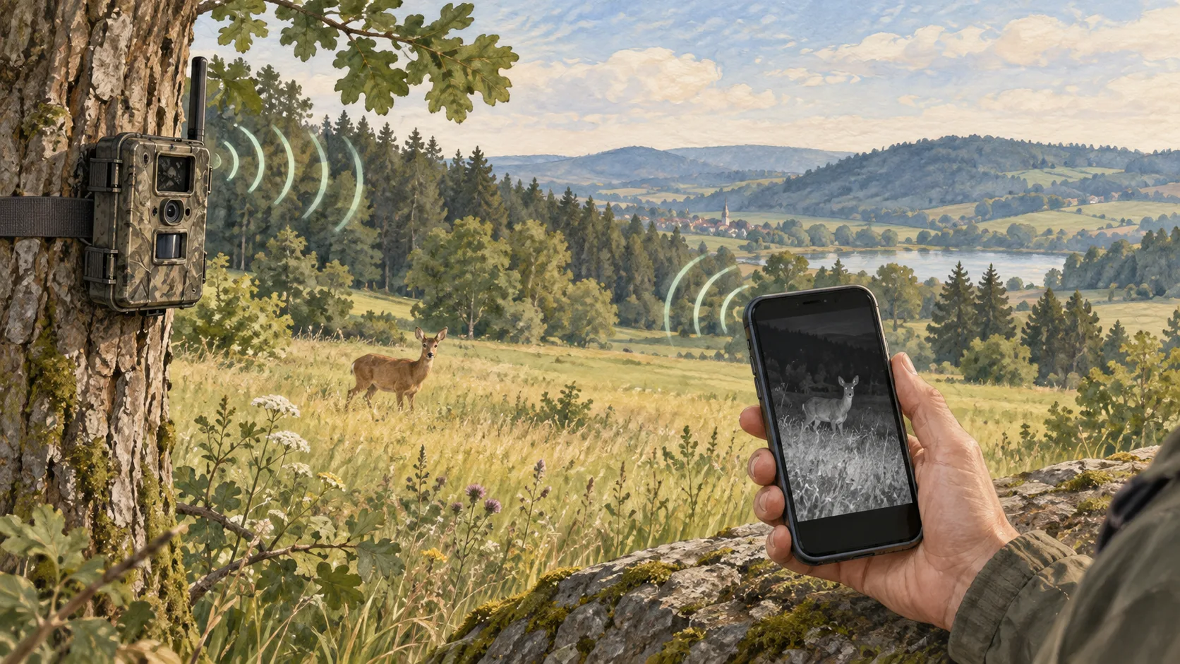 Gezeichnete Feldjournal-Illustration zum Artikel wildkamera – handy-uebertragung.