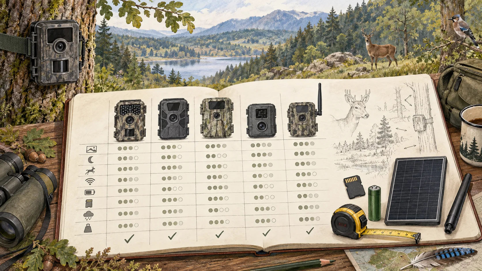 Gezeichnete Feldjournal-Illustration zum Artikel wildkamera – kaufen.