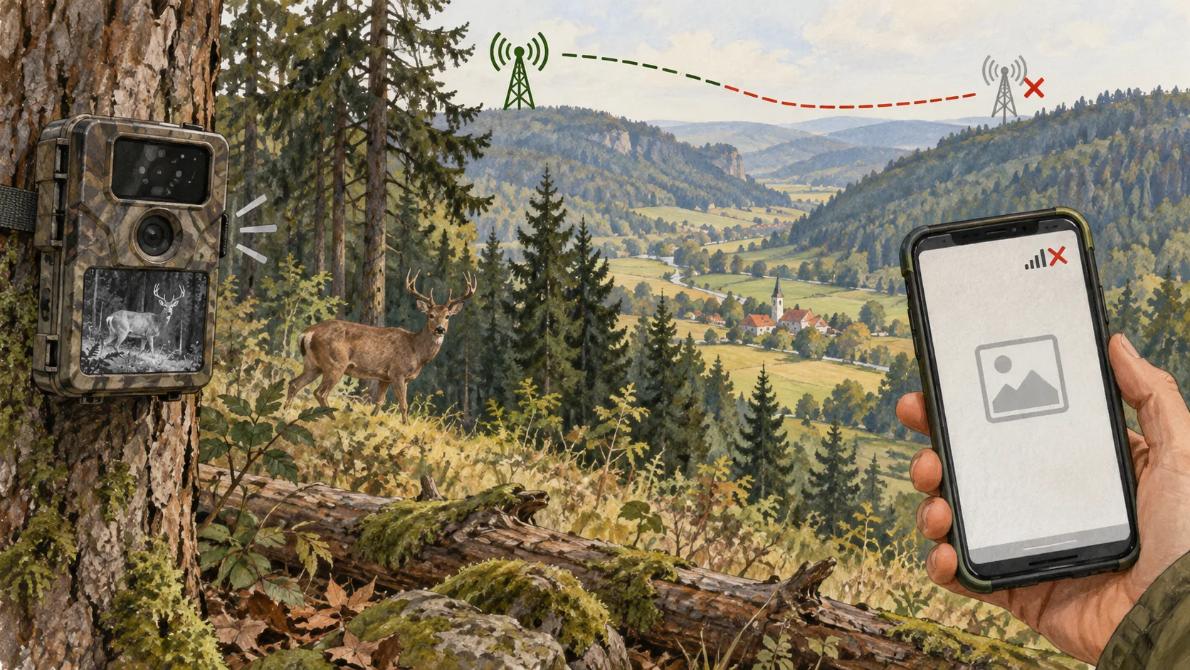 Gezeichnete Feldjournal-Illustration zum Artikel probleme – sendet-keine-bilder.