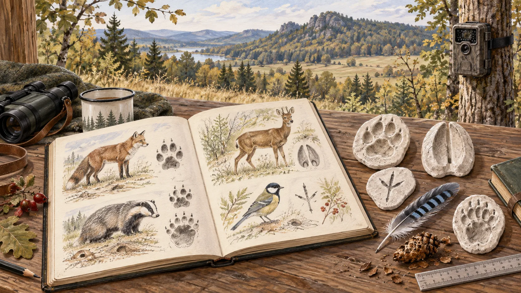 Gezeichnetes Feldbuch mit Tierspuren, Abgüssen, Feder, Zapfen und Maßstab.