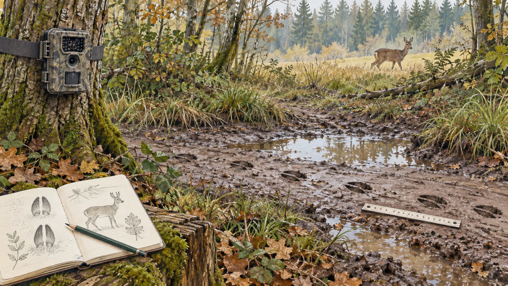 Gezeichnete Feldjournal-Illustration zum Artikel aufbau – tierspur-filmen.