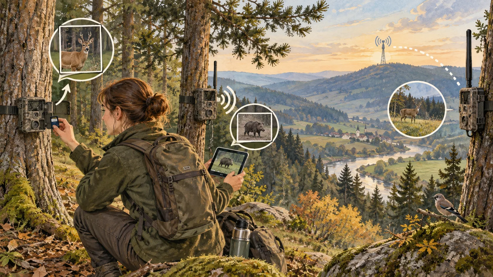 Gezeichnete Feldjournal-Illustration zum Artikel wildkamera – wlan-oder-lte.