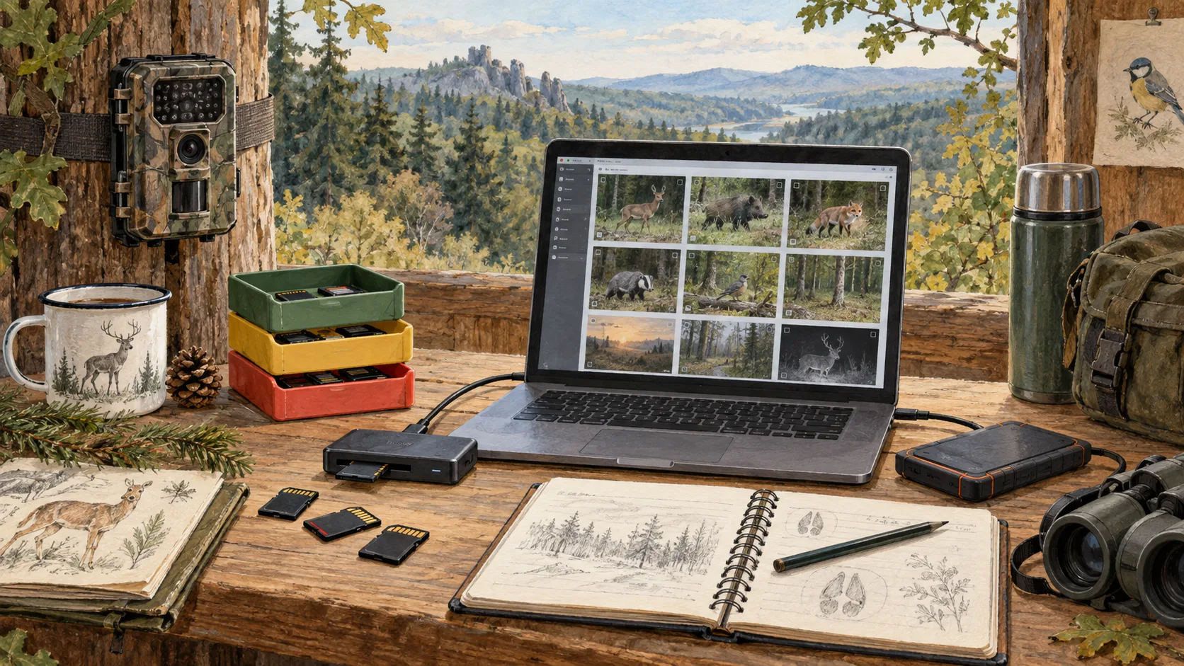 Gezeichnete Feldjournal-Illustration zum Artikel workflow – software.