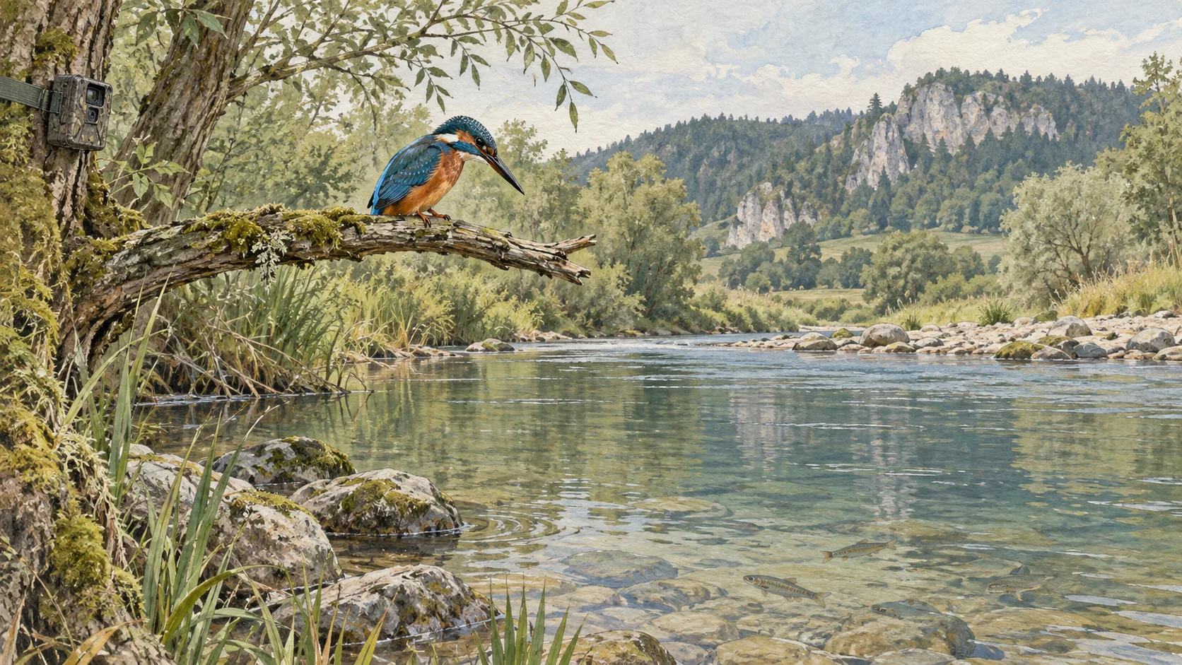 Gezeichnetes Feldporträt: Eisvogel im typischen Lebensraum mit Anwesenheitsspuren.