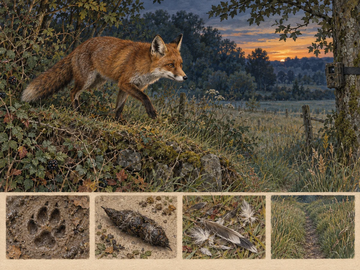Gezeichnetes Feldporträt: Rotfuchs im typischen Lebensraum mit Anwesenheitsspuren.