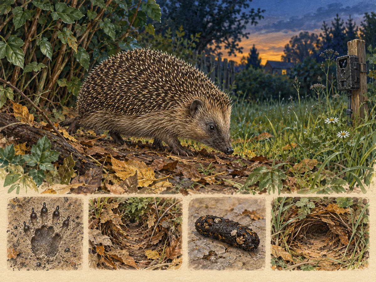 Gezeichnetes Feldporträt: Europäischer Igel in seinem typischen Lebensraum mit Anwesenheitszeichen und einer Wildkamera.