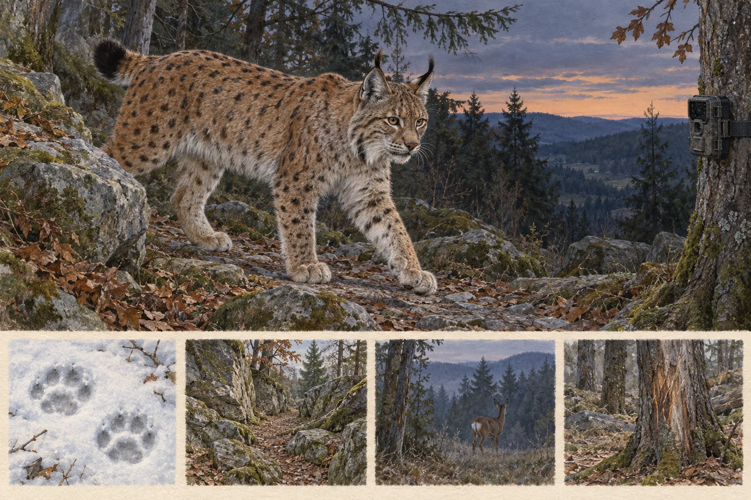 Gezeichnetes Feldporträt: Eurasischer Luchs im typischen Lebensraum mit Anwesenheitsspuren.