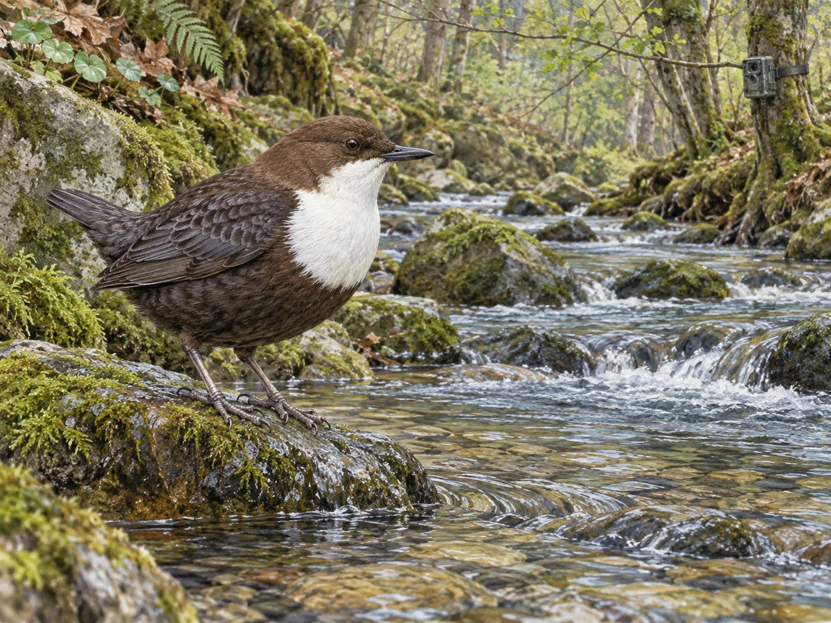 Gezeichnetes Feldporträt: Wasseramsel in seinem typischen Lebensraum mit Anwesenheitszeichen und einer Wildkamera.