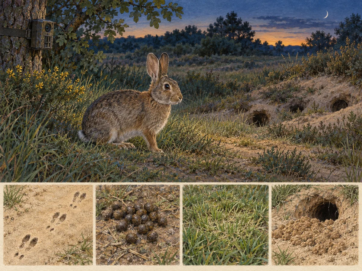 Gezeichnetes Feldporträt: Wildkaninchen im typischen Lebensraum mit Anwesenheitsspuren.