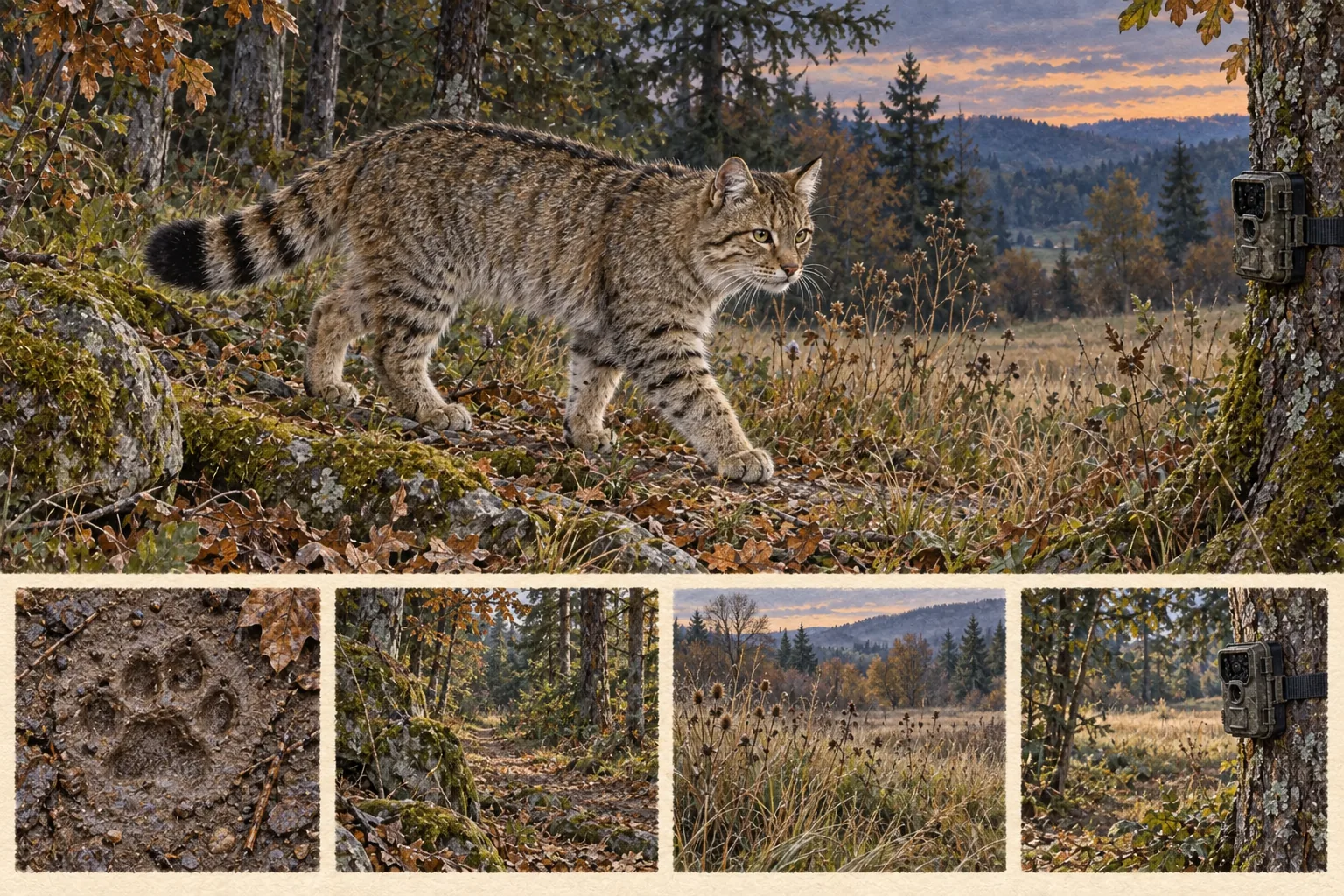 Gezeichnetes Feldporträt: Europäische Wildkatze in seinem typischen Lebensraum mit Anwesenheitszeichen und einer Wildkamera.