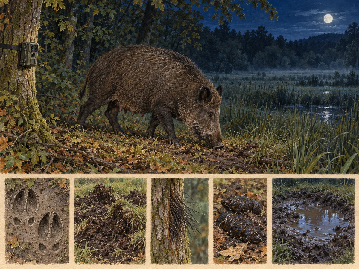 Gezeichnetes Feldporträt: Wildschwein im typischen Lebensraum mit Anwesenheitsspuren.