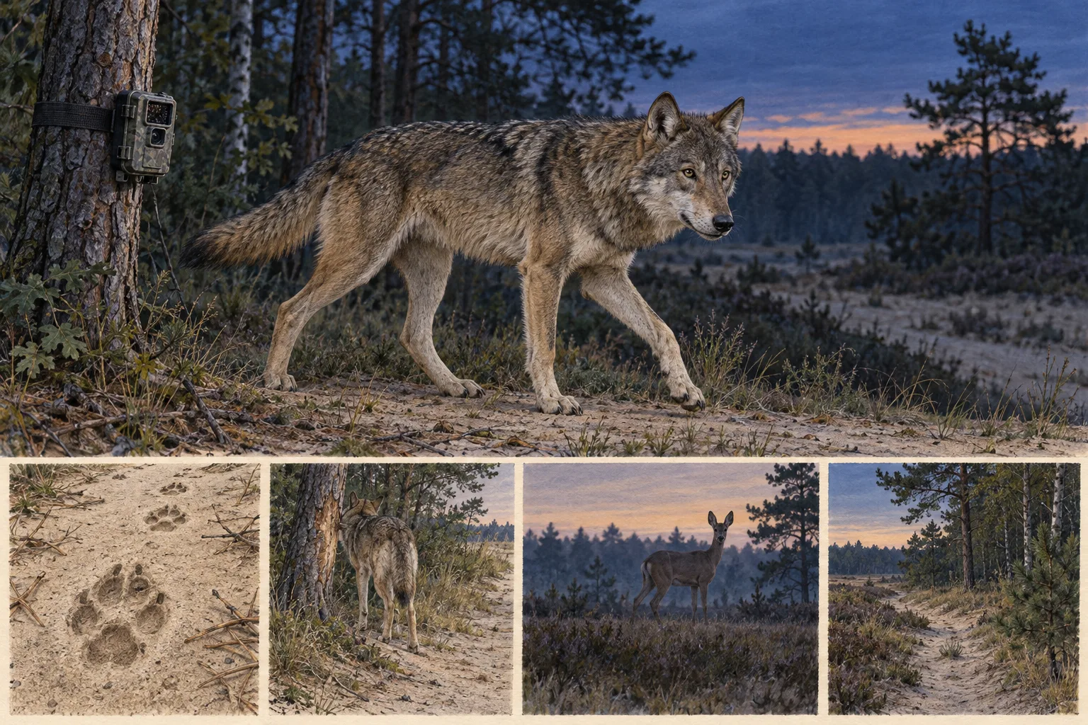 Gezeichnetes Feldporträt: Wolf im typischen Lebensraum mit Anwesenheitsspuren.
