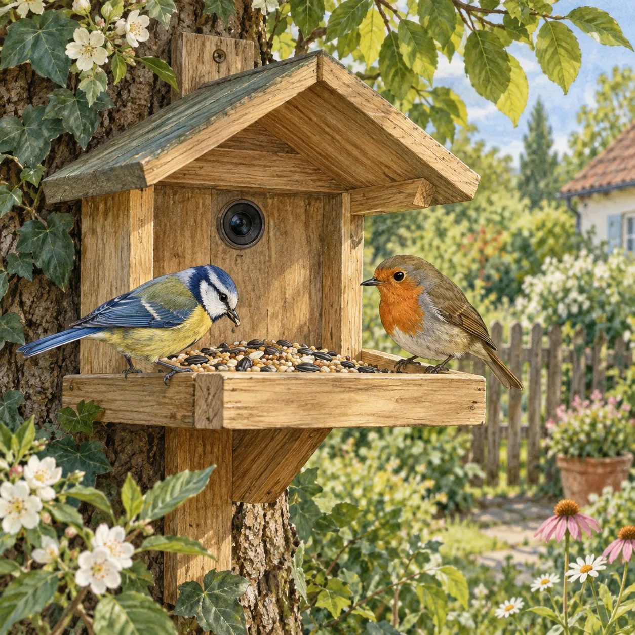 Gezeichnetes Futterhausmotiv mit Gartenvögeln.