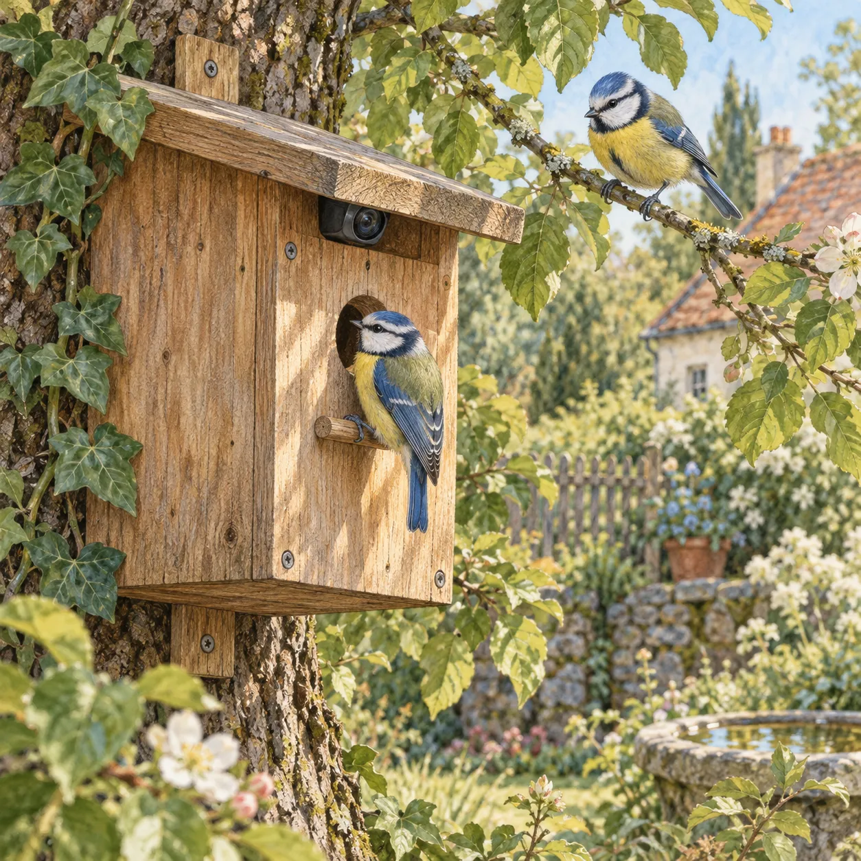 Gezeichnetes Nistkastenmotiv mit Vögeln.