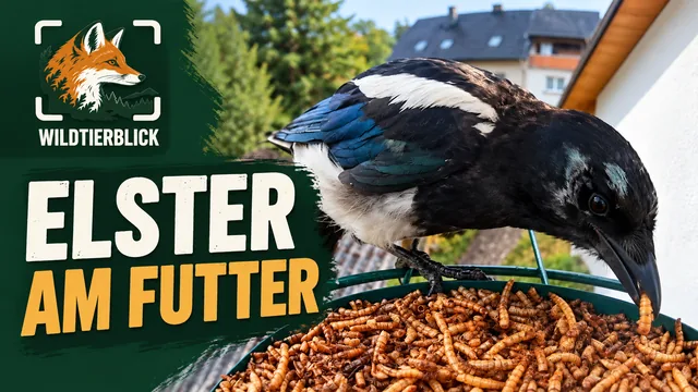 Vorschaubild: Elster frisst Mehlwürmer an einer Futterstelle